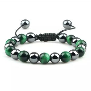 Mens Hematite Green Tigers Eye bracelet beaded crystal bracelet